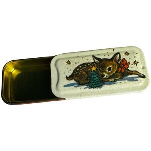 Potpourri Press Miniature Sliding Tin Christmas Fawn Deer Red Cream Good 1.5in‎